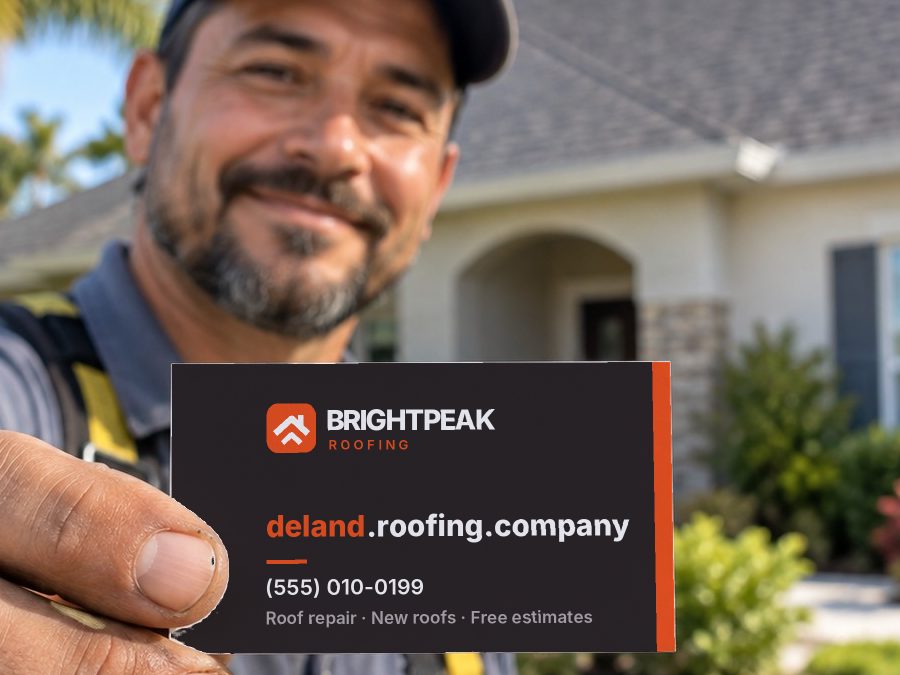 deland.roofing.company on a roofer's business card