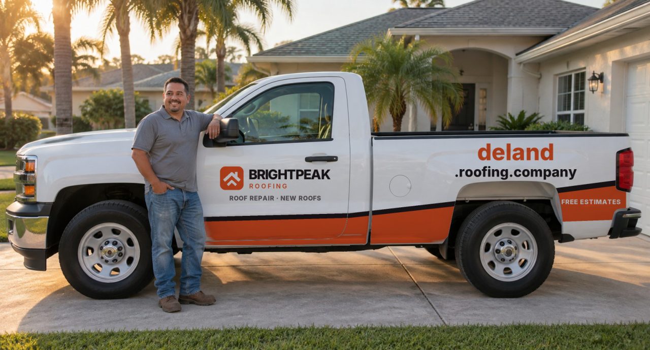 deland.roofing.company painted on the side of a white work truck