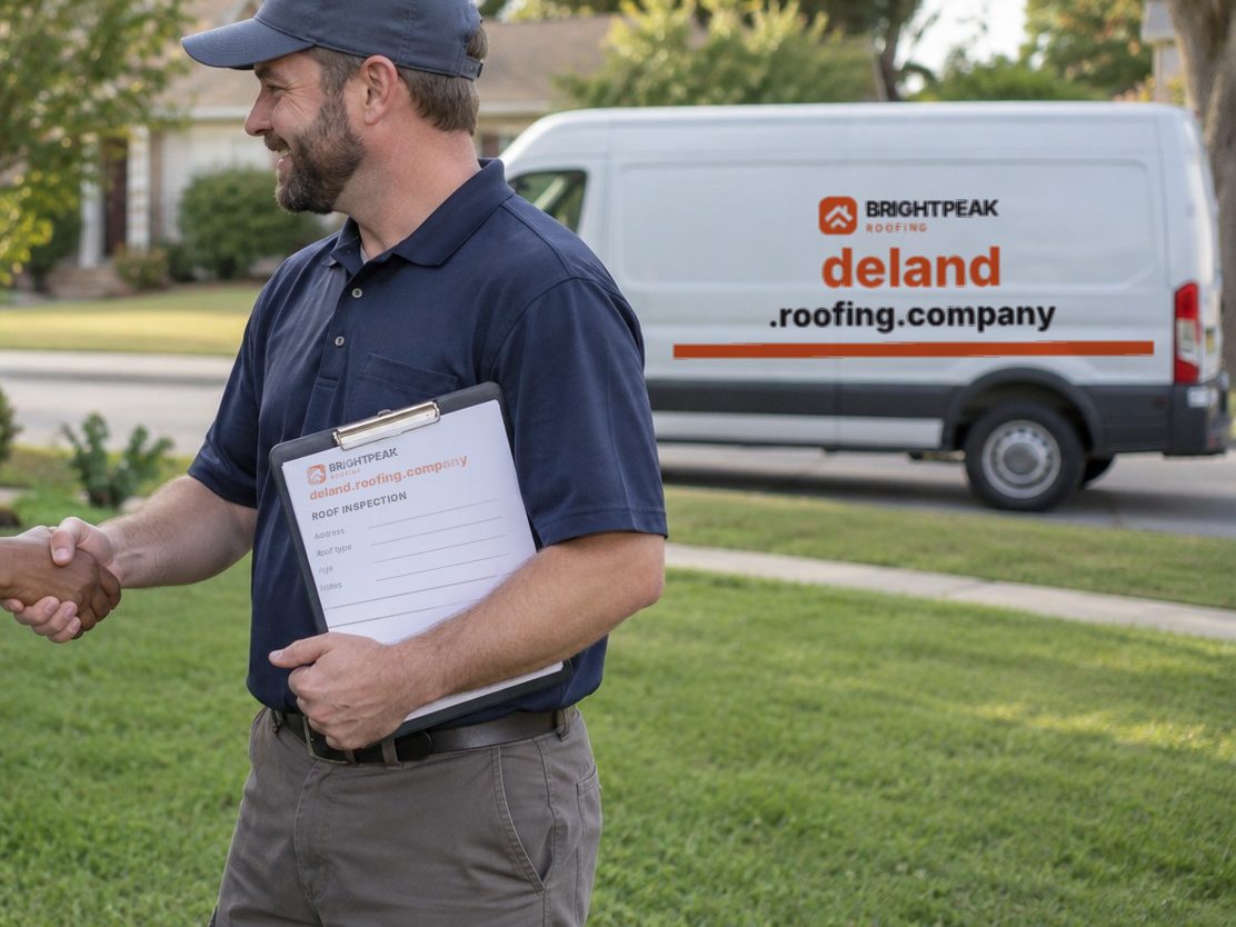 deland.roofing.company on a roofing van and an inspection form